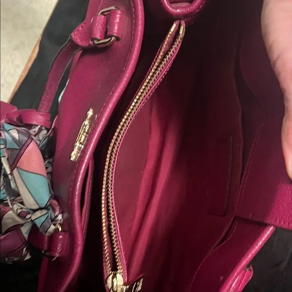 Coach Magenta Leather Satchel with Scarf Accent Key Holder CALLOUTS - Picture 13 of 16